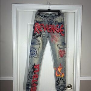 Life’s a gamble cargo skinny jeans blue with red graphics revenge. Men size 30